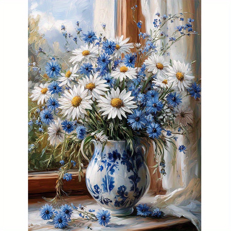 TEMU 1 Szt. 30x40cm Zestaw Do Malowania Diametralnego Z Kwiatami - Niebieska I Biała Wazon Z Kwiatami, Pełnowymiarowy Okrągły Kanvas 5D, Wszystkie