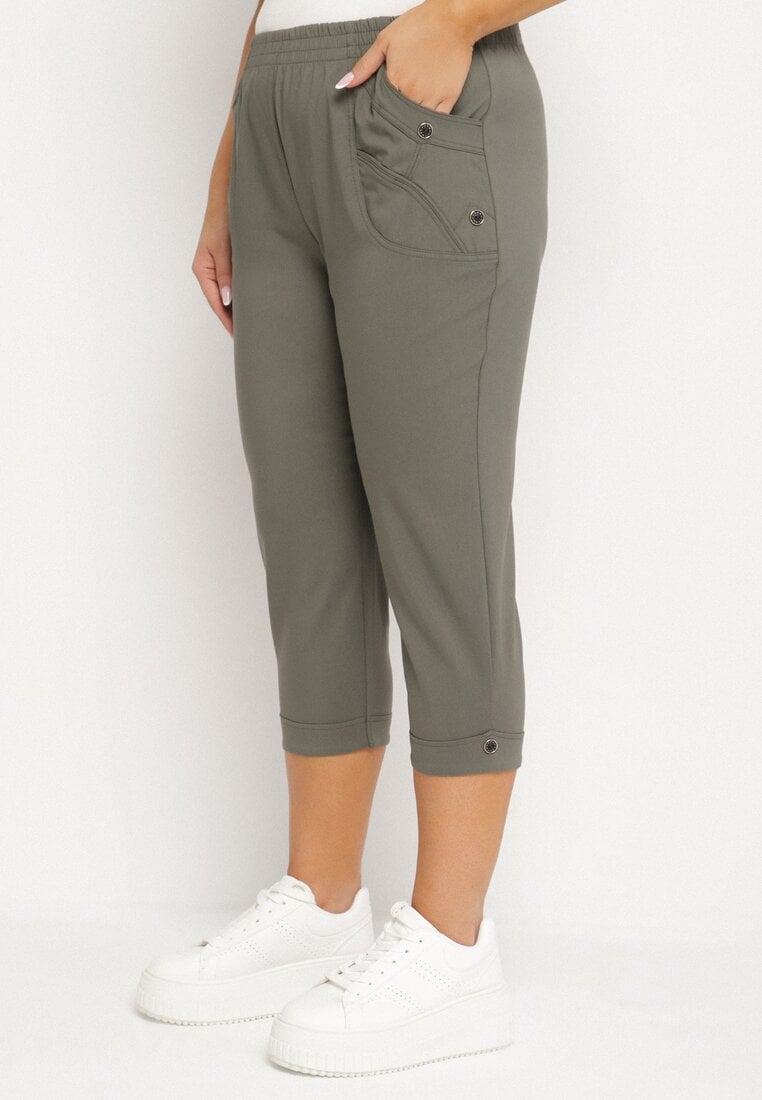 Zielone Spodnie z Wiskozą i Ozdobnymi Guzikami Lireza