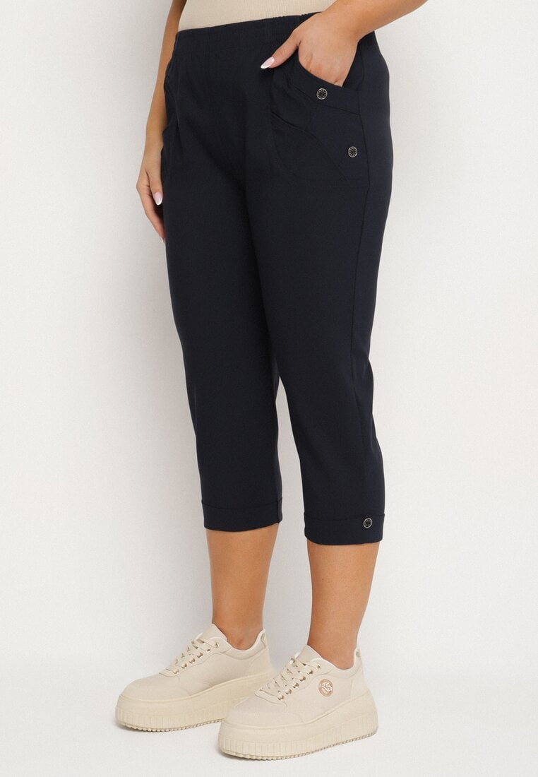 Granatowe Spodnie z Wiskozą i Ozdobnymi Guzikami Lireza