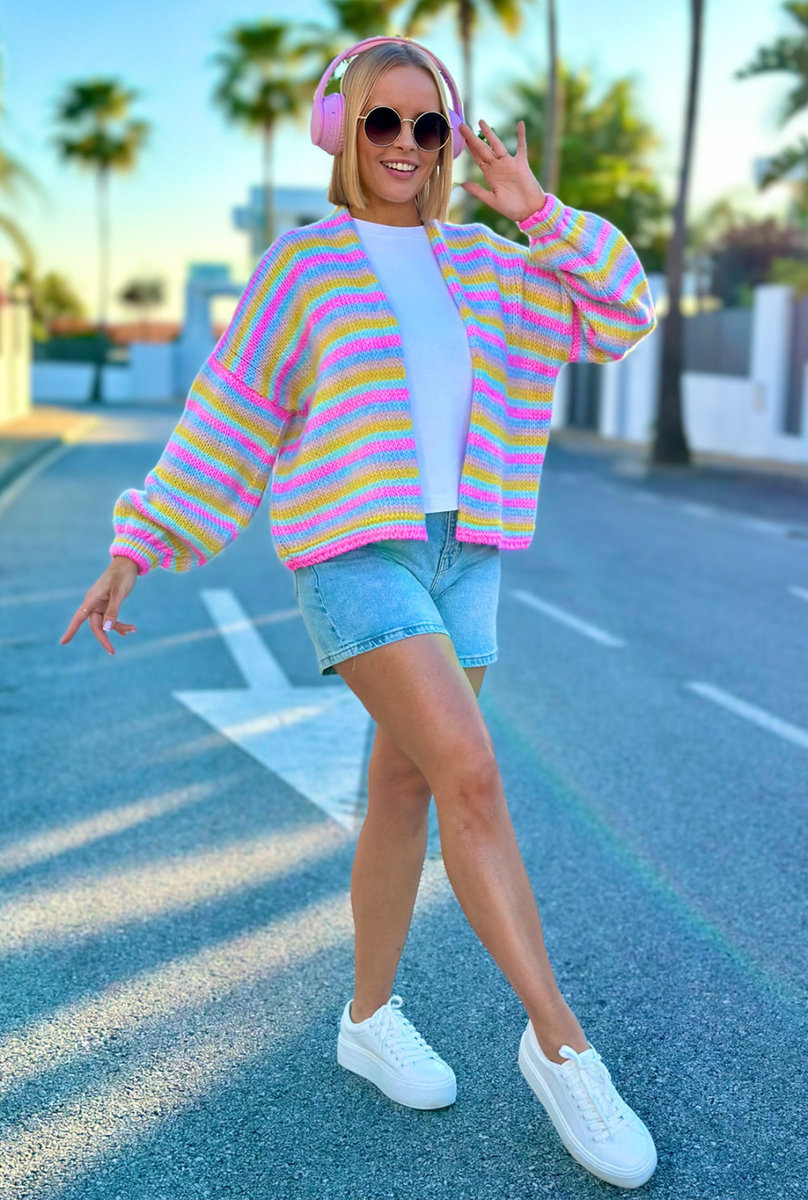 Krótki, lekki kardigan oversize w paski - baby róż/turkusowy One size