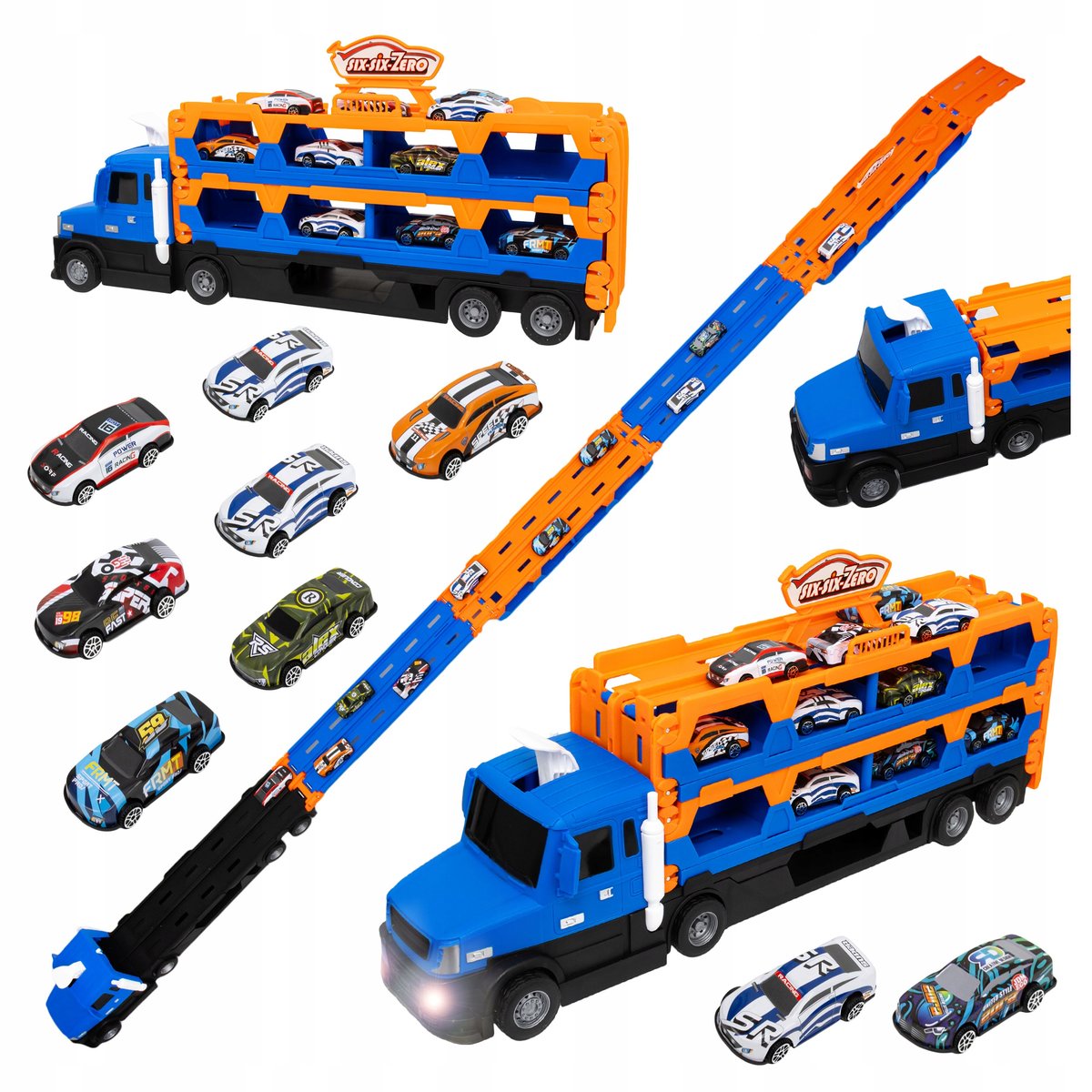 Wyrzutnia Autek Dla Dzieci Tor Zjeżdżalnia Laweta 211Cm Dźwięk Led Resoraki