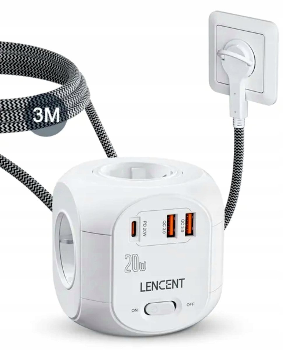 przedłużacz 3m. 7w1 Lencent 4x gniazdo AC, 2x Usb A Qc 3.0, 1x Usb C PD 20W