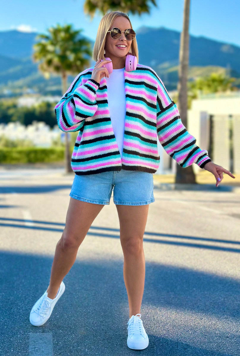 Krótki, lekki kardigan oversize w paski - czekolada/wanilia One size