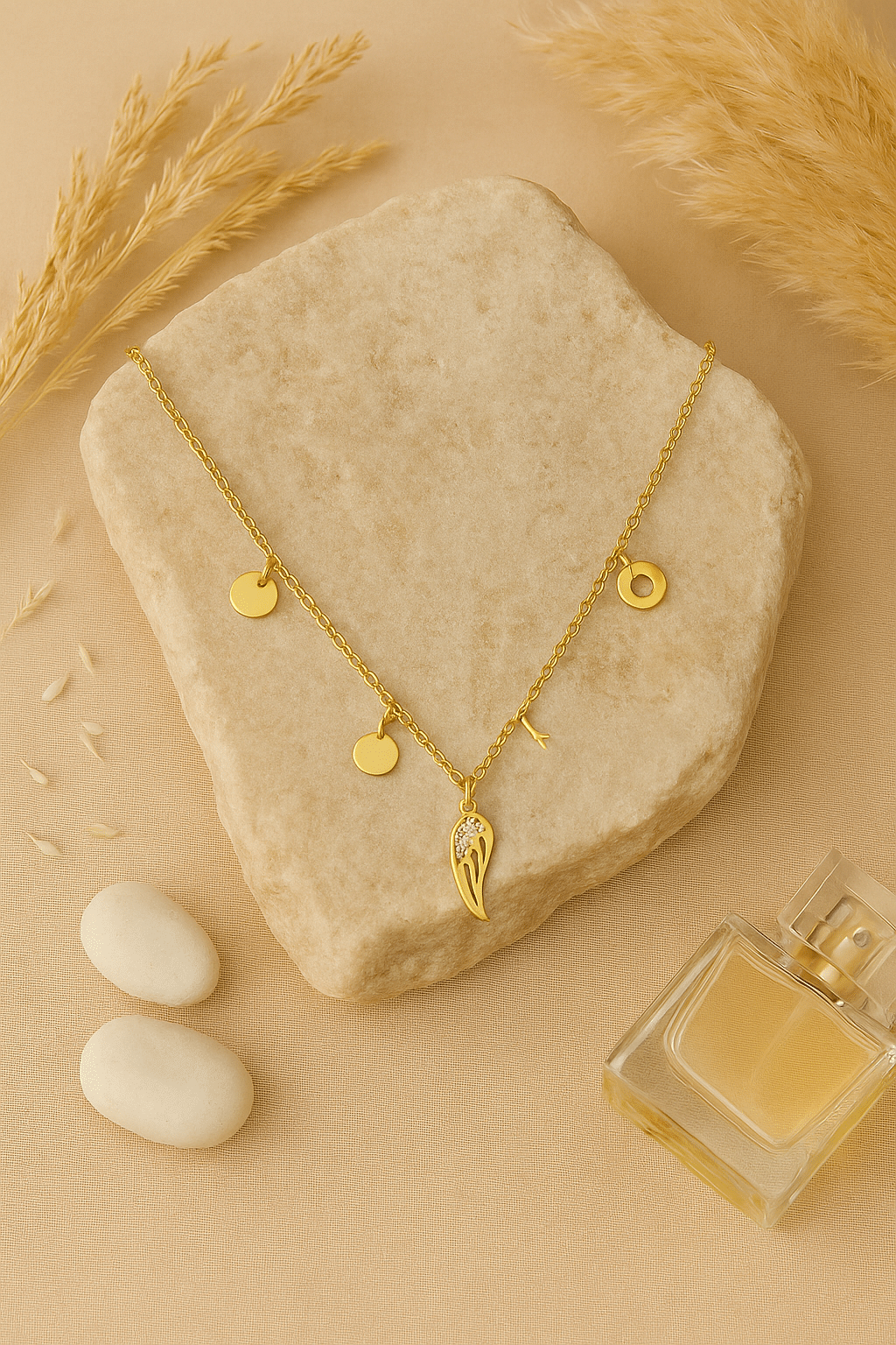 Naszyjnik celebrytka pozłacany z zawieszką skrzydło i medalionami – Stal szlachetna 316L