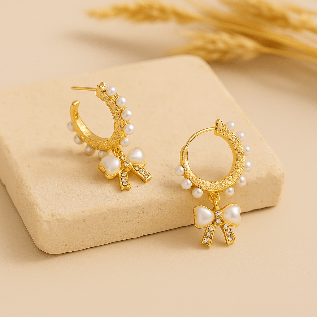 kolczyki koła z perłami i kokardką – stal chirurgiczna 316L