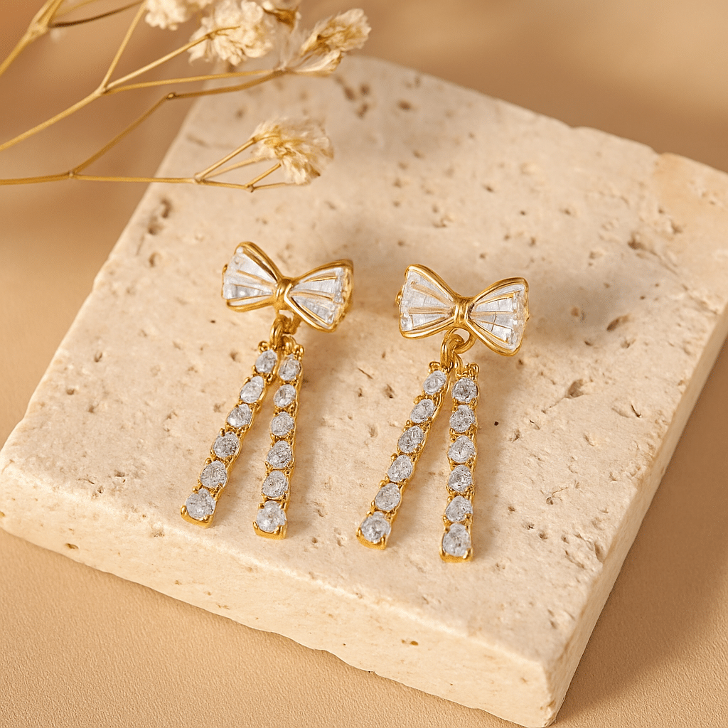 Kolczyki kokardki z cyrkoniami ze stali chirurgicznej sztyfty