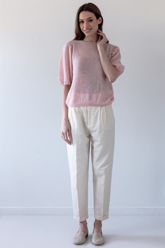 Sweter z krótkim rękawem z wełny baby alpaka i wełny virgin F1997 różowy