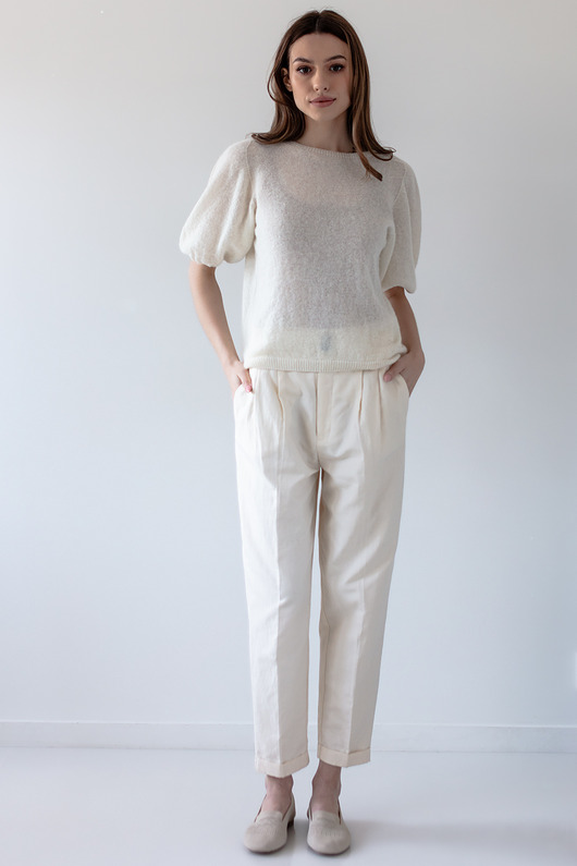 Sweter z krótkim rękawem z wełny baby alpaka i wełny virgin F1997 ECRU