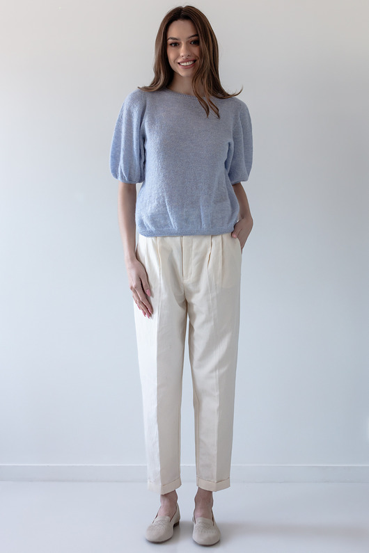 Sweter z krótkim rękawem z wełny baby alpaka i wełny virgin F1997 niebieski