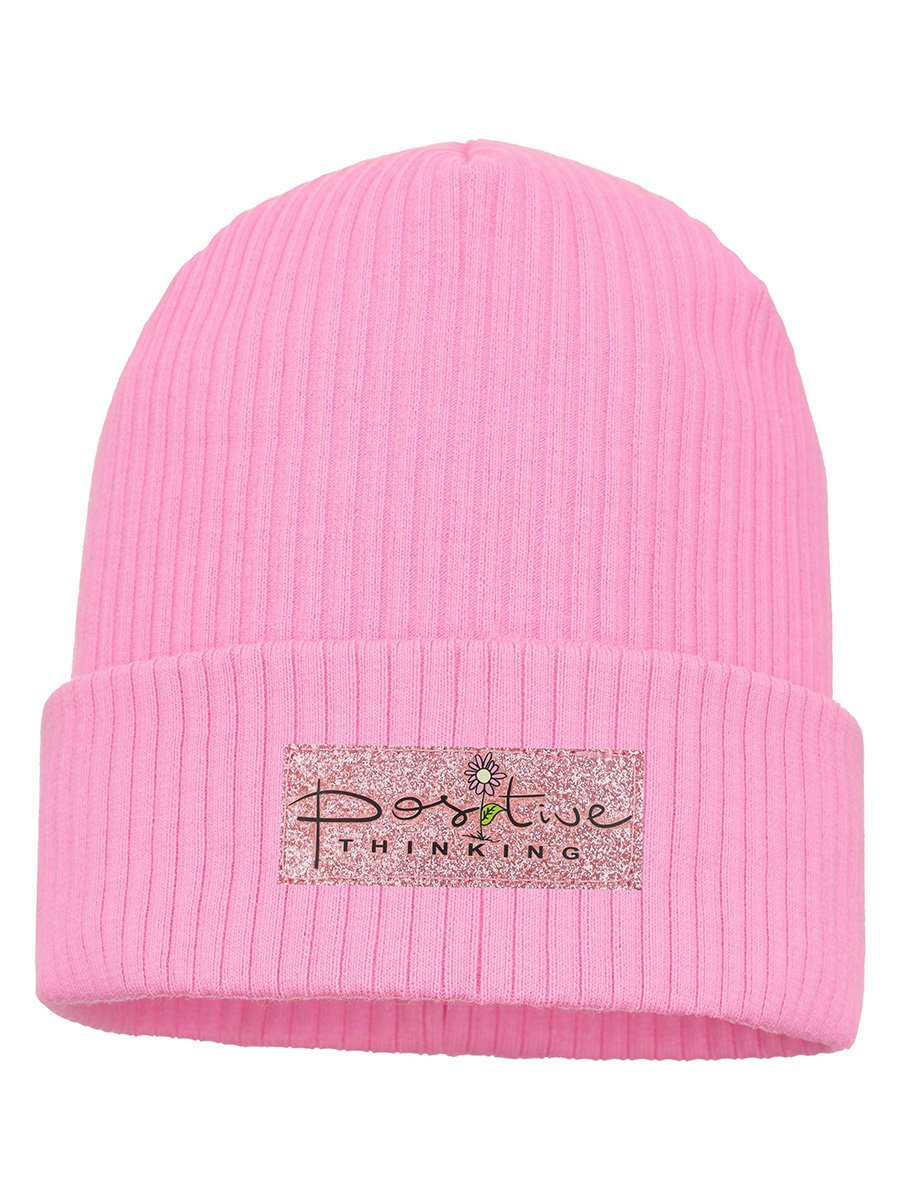 Dziewczęca czapka beanie prążek Positive thinking różowa Ambra, r. 50/54