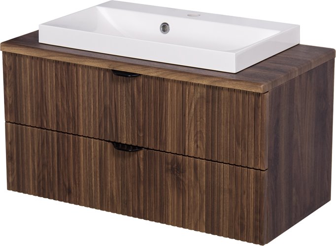 Szafka łazienkowa z lamelami wisząca z umywalką nablatową 80 cm 39/2 Victa Lamello kolor orzech
