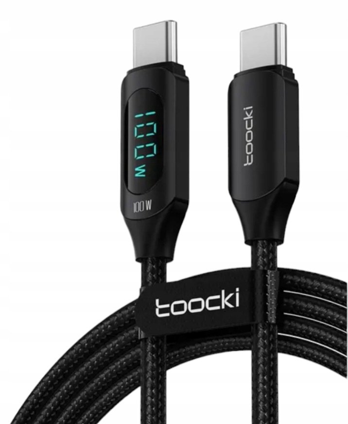 TOOCKI kabel 2 metry USB-C do C 100W PD QC + MIERNIK LCD CZARNY 2m.
