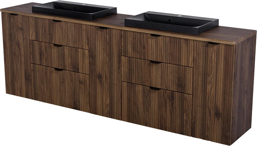 Szafka łazienkowa z lamelami wisząca z dwiema czarnymi umywalkami nablatowymi 210 cm 39/3 Victa Lamello kolor orzech
