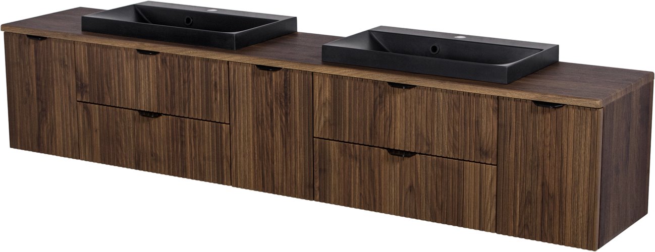 Szafka łazienkowa z lamelami wisząca z dwiema czarnymi umywalkami nablatowymi 210 cm 39/2 Victa Lamello kolor orzech