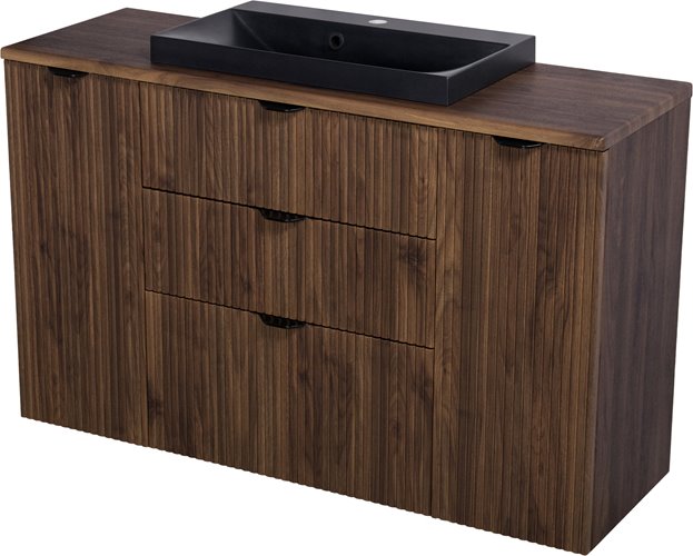 Szafka łazienkowa z lamelami wisząca z czarną umywalką nablatową 120 cm 39/3 Victa Lamello kolor orzech