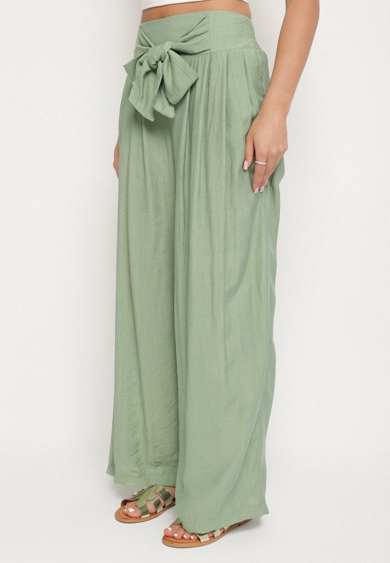 Zielone Szerokie Spodnie z Wiskozy z Wysokim Stanem Kolianne