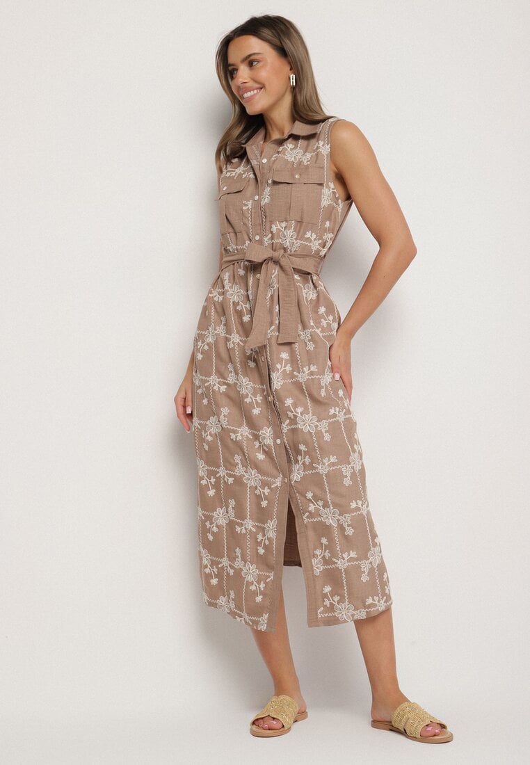 Ciemnobeżowa Sukienka Bez Rękawów o Koszulowym Kroju z Paskiem Zdobiona Haftem Fodarela