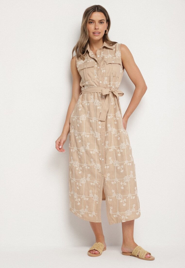 Beżowa Sukienka Bez Rękawów o Koszulowym Kroju z Paskiem Zdobiona Haftem Fodarela
