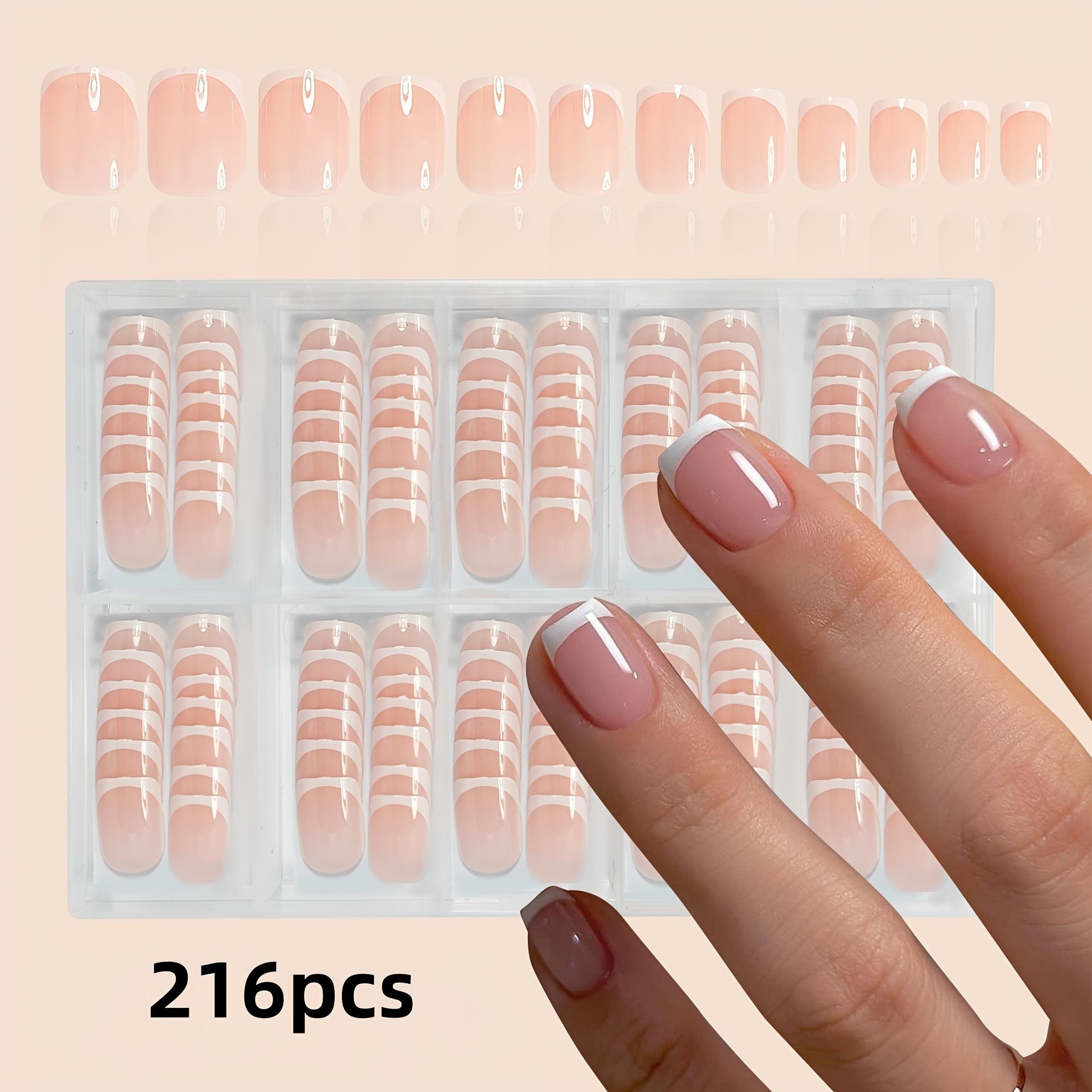 TEMU 216 Sztuk Krótkich Kwadratowych Białych Naczyń Do Manicure Francuskiej - Naklejane Nalepki W Połysku, Białej I Różowej Do Codziennego Pracy,