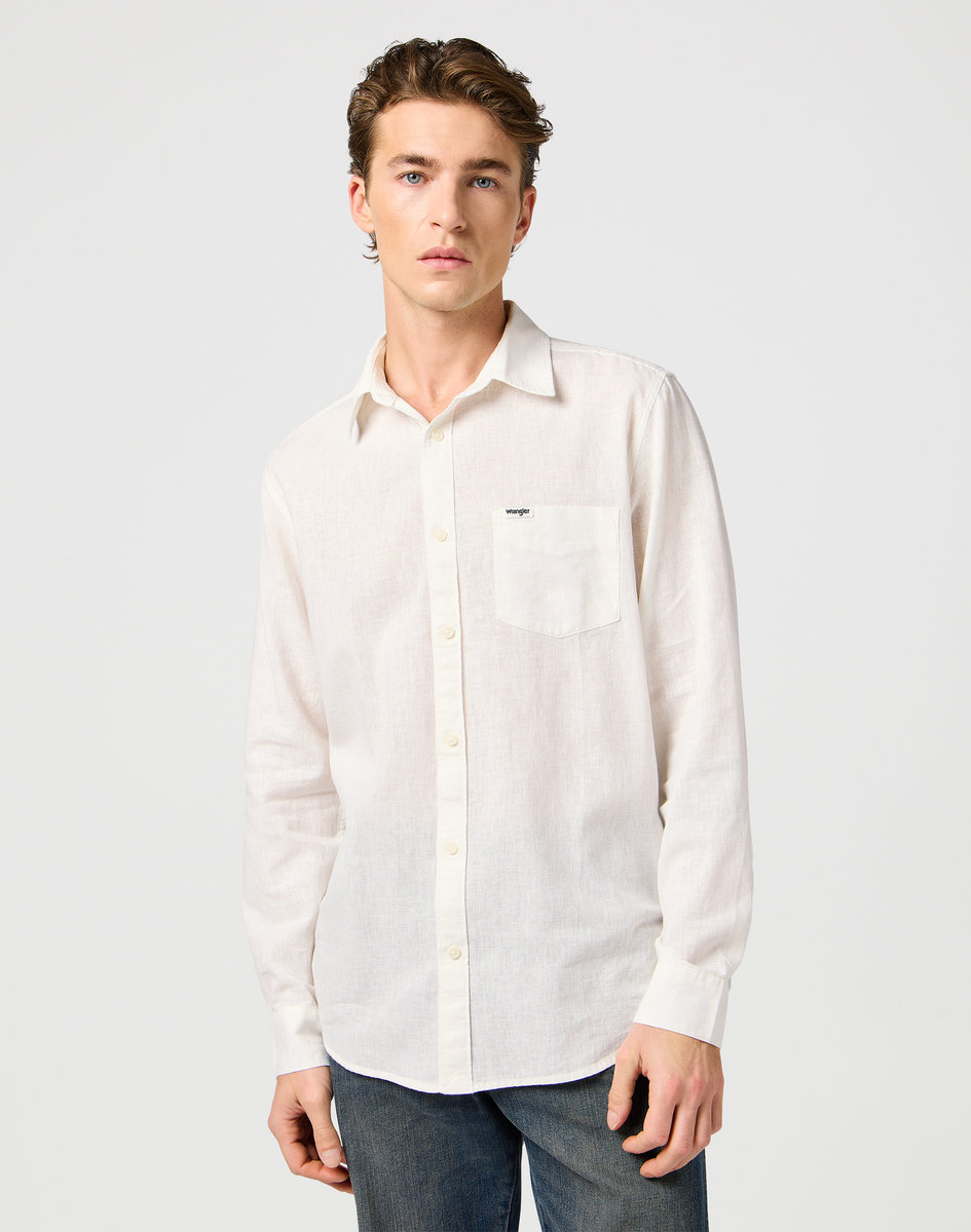 KOSZULA MĘSKA BIAŁA LEN WRANGLER 112362907 1 PKT SHIRT WHITE S