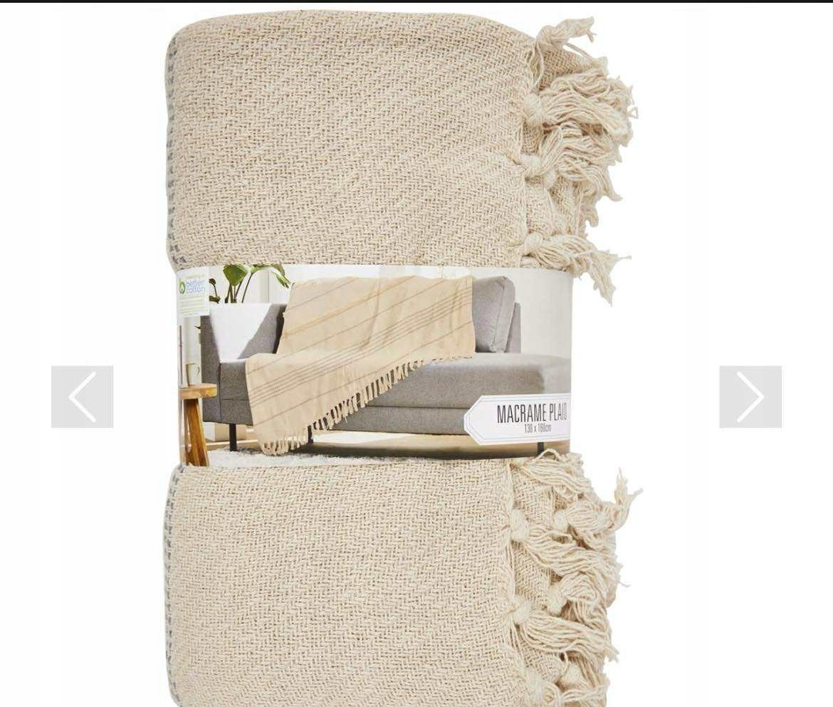 Pled makaronowy 130 x 160 cm 100% bawełna Koc boho beżowy makrama
