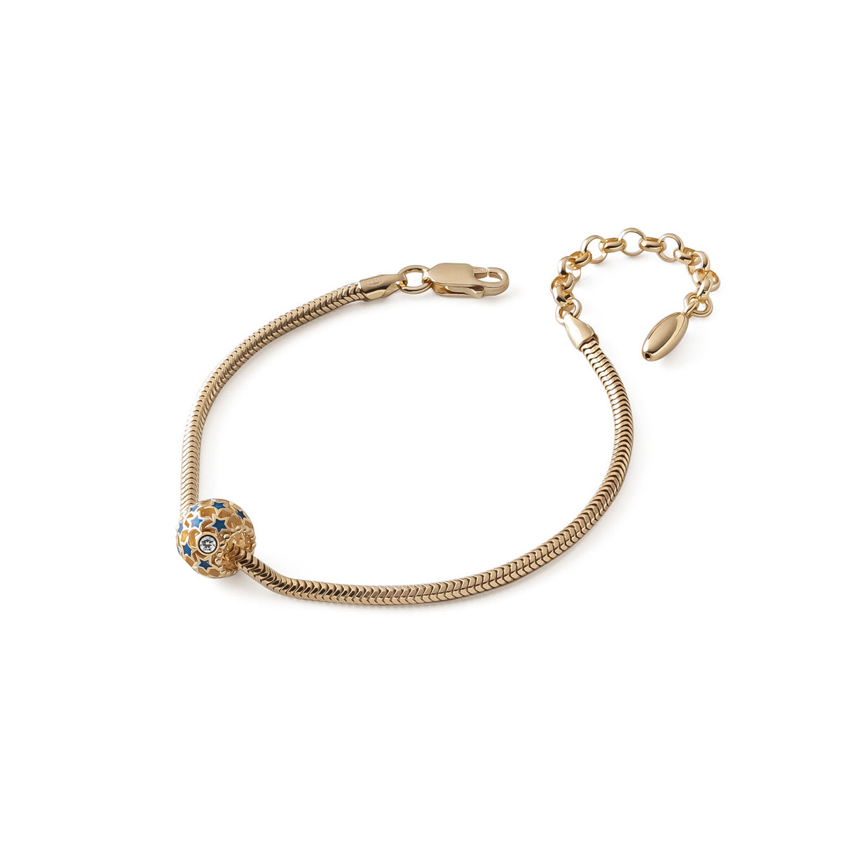 Bransoletka Slim z ażurową kulką z niebieskimi gwiazdkami typu beads, srebro 925 w złotym pokryciu