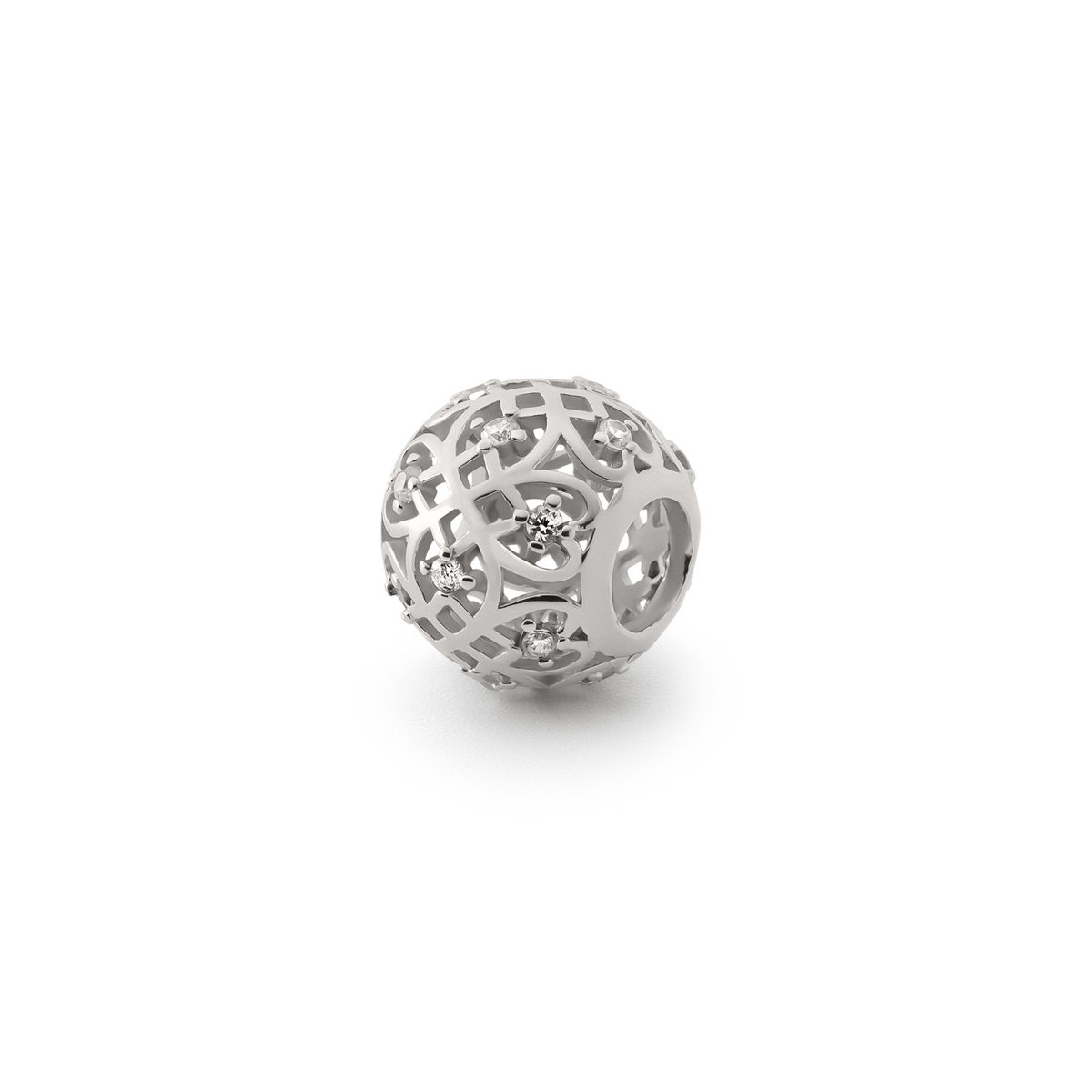 Ażurowa kula z cyrkoniami typu beads, srebro 925 pokryte platyną