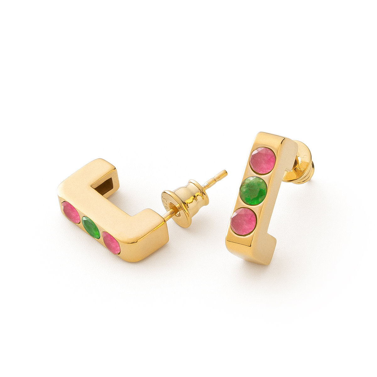 Kolczyki sztyfty z kamieniami - zielony i różowe jadeity, srebro 925 w złotym pokryciu
