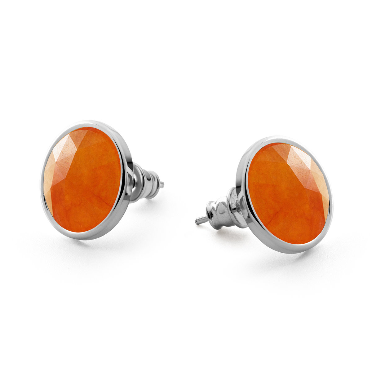 Srebrne kolczyki sztyfty z kamieniem Rose Cut - jadeit pomarańczowy w pokryciu platyną