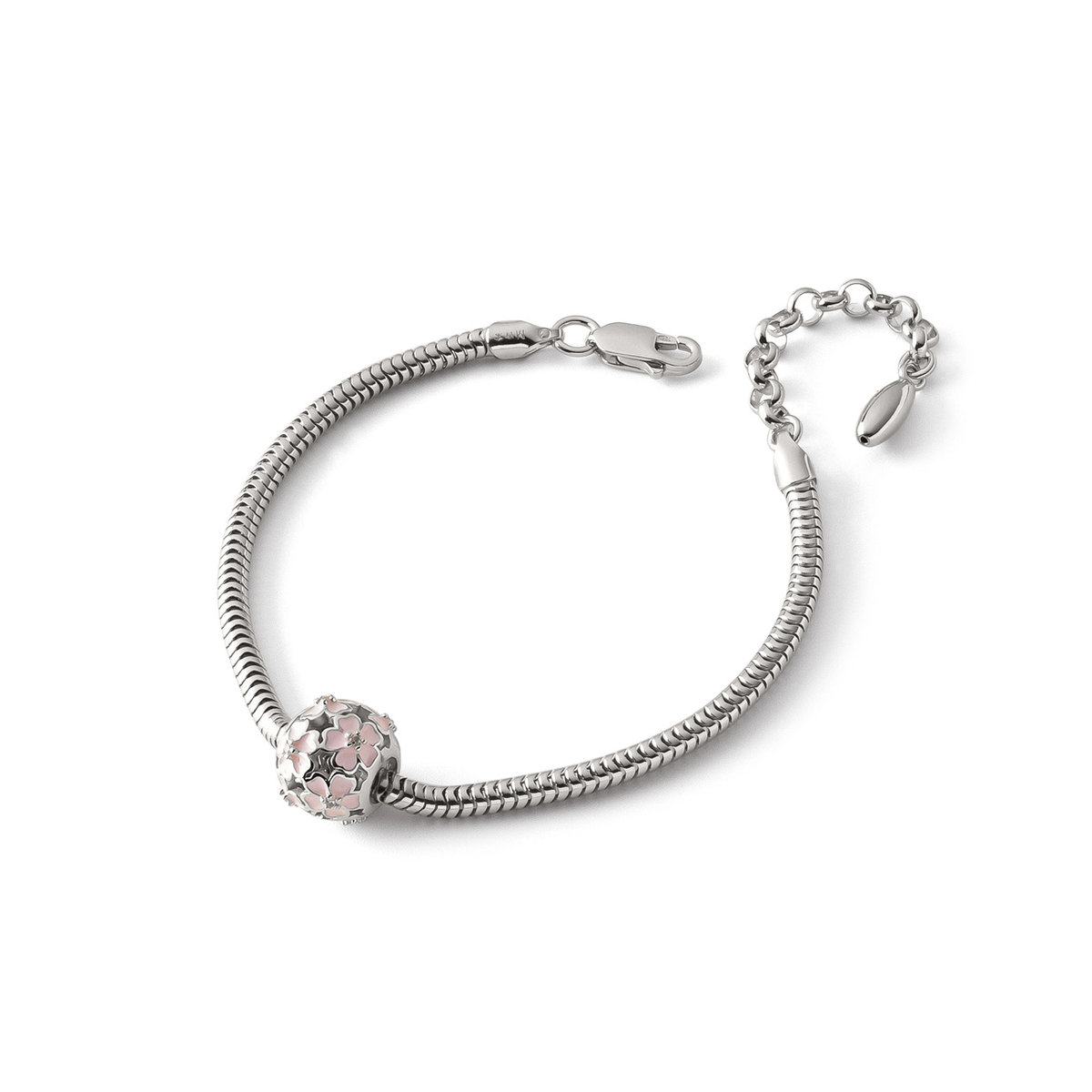 Bransoletka z ażurową kulką z różowymi kwiatami typu beads, srebro 925 pokryte platyną