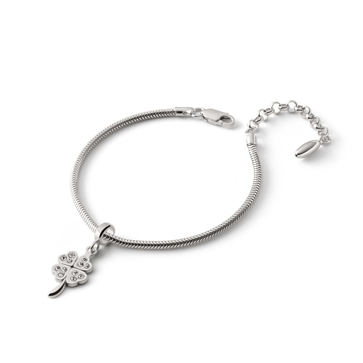 Bransoletka Slim z zawieszką typu beads – koniczynka z cyrkoniami na łodyżce, srebro 925 pokryte platyną