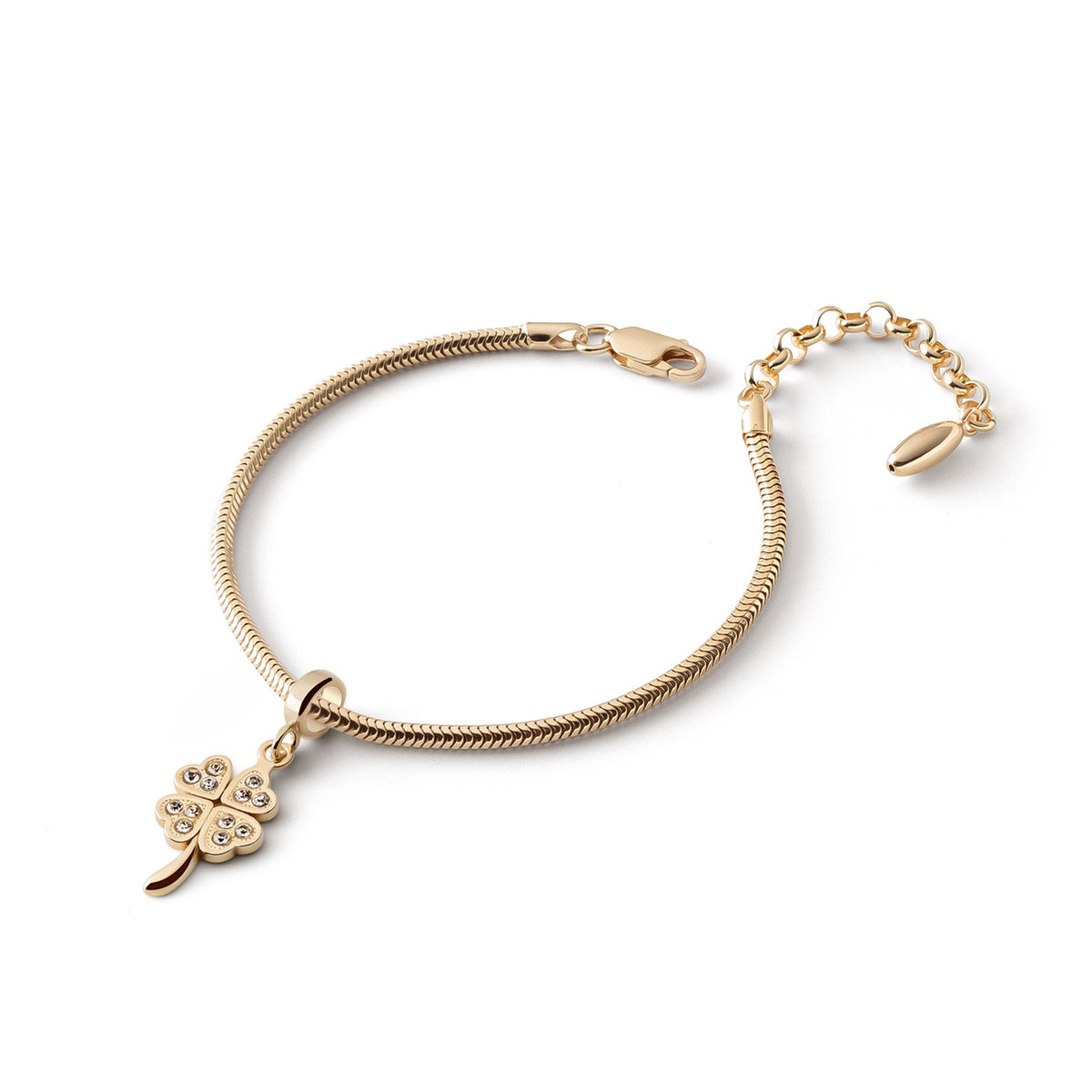 Bransoletka Slim z zawieszką typu beads – koniczynka z cyrkoniami na łodyżce, srebro 925 w złotym pokryciu