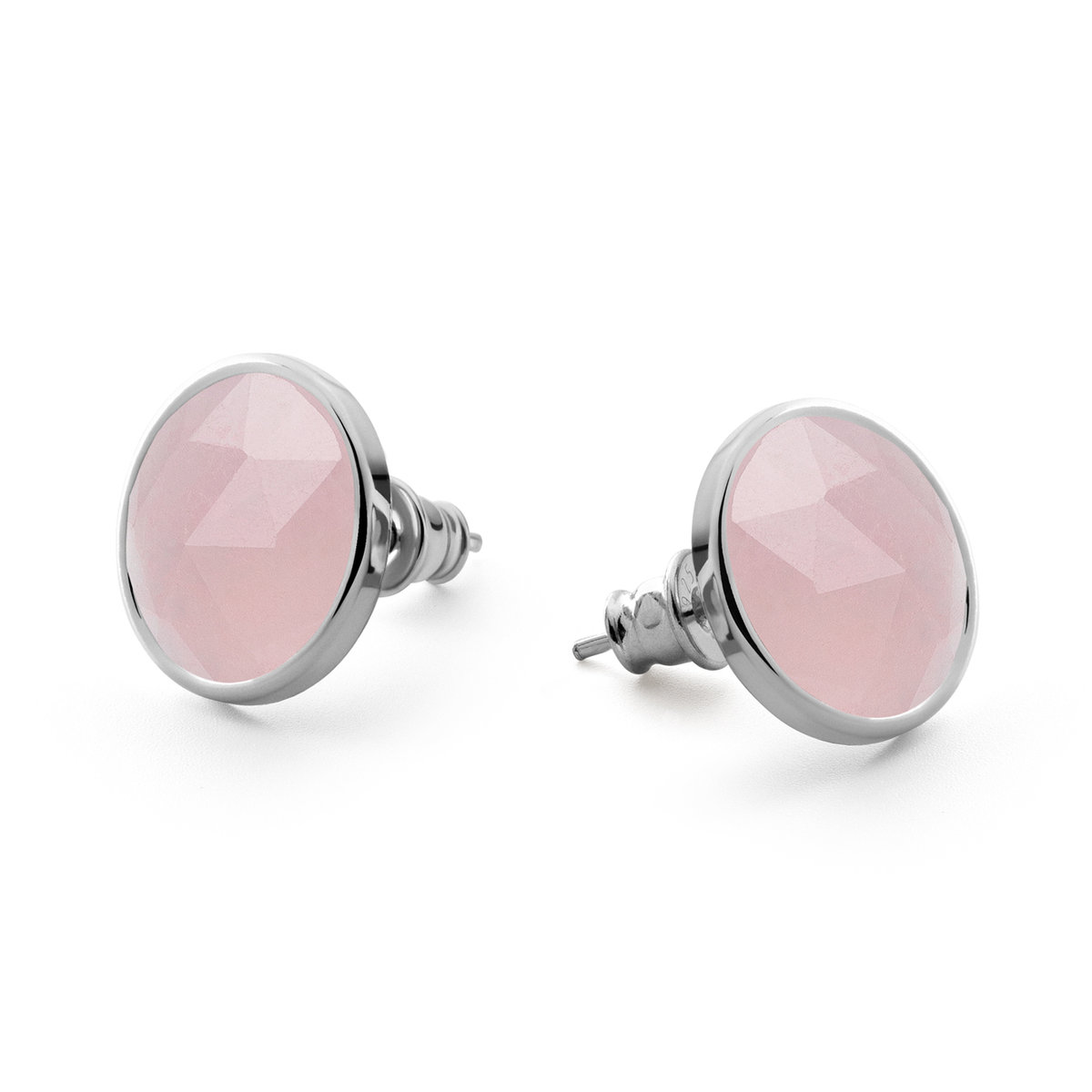 Srebrne kolczyki sztyfty z kamieniem Rose Cut - kwarc różowy w pokryciu platyną