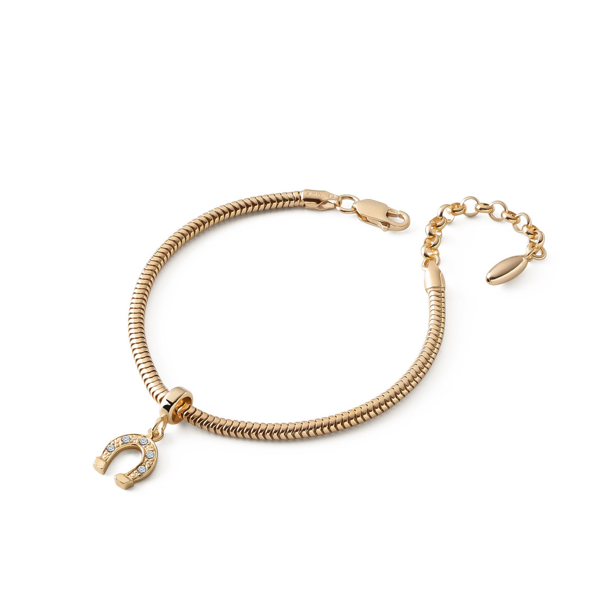 Bransoletka z zawieszką typu beads – podkowa z cyrkoniami, srebro 925 w złotym pokryciu