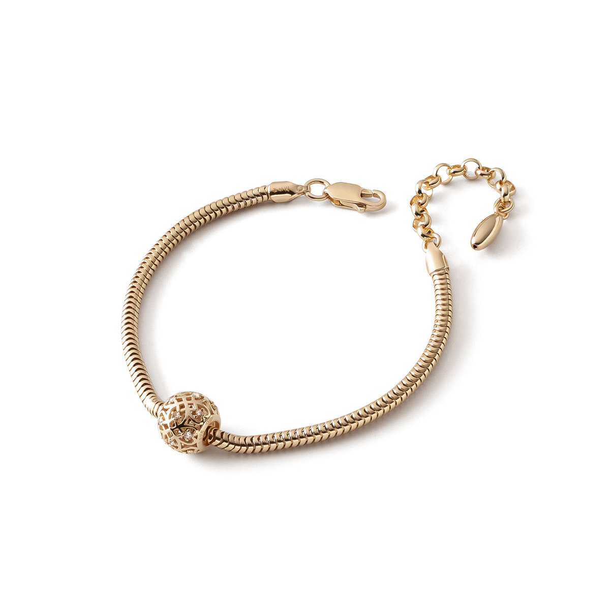 Bransoletka z ażurową kulką z cyrkoniami typu beads, srebro 925 w złotym pokryciu
