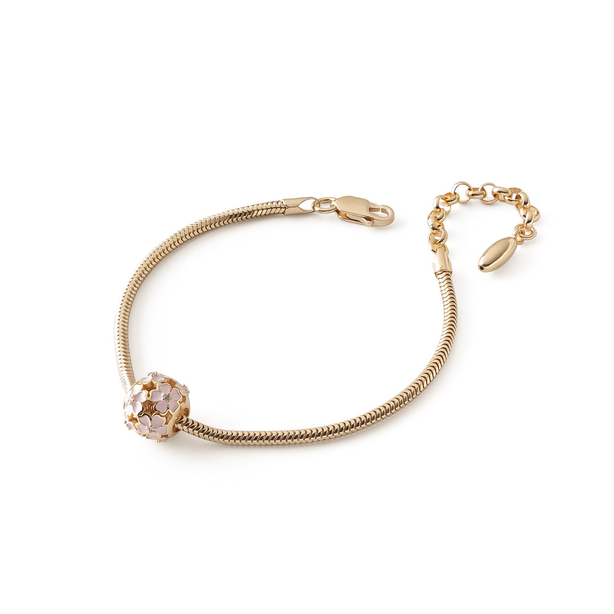 Bransoletka Slim z ażurową kulką z różowymi kwiatami typu beads, srebro 925 w złotym pokryciu
