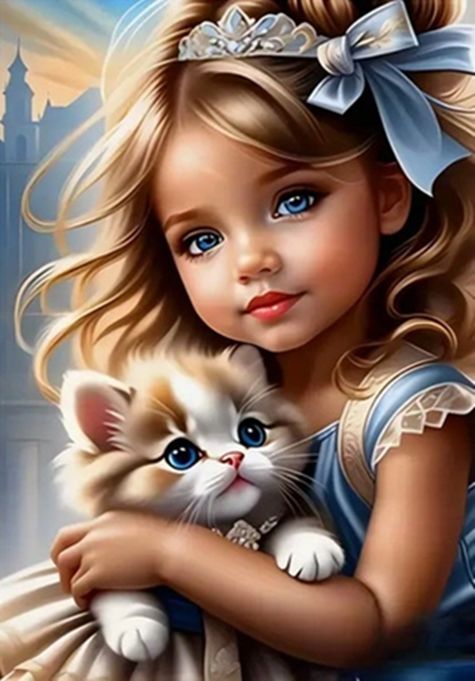 Diamentowa mozaika - Dziewczynka z kokardą i kotkiem