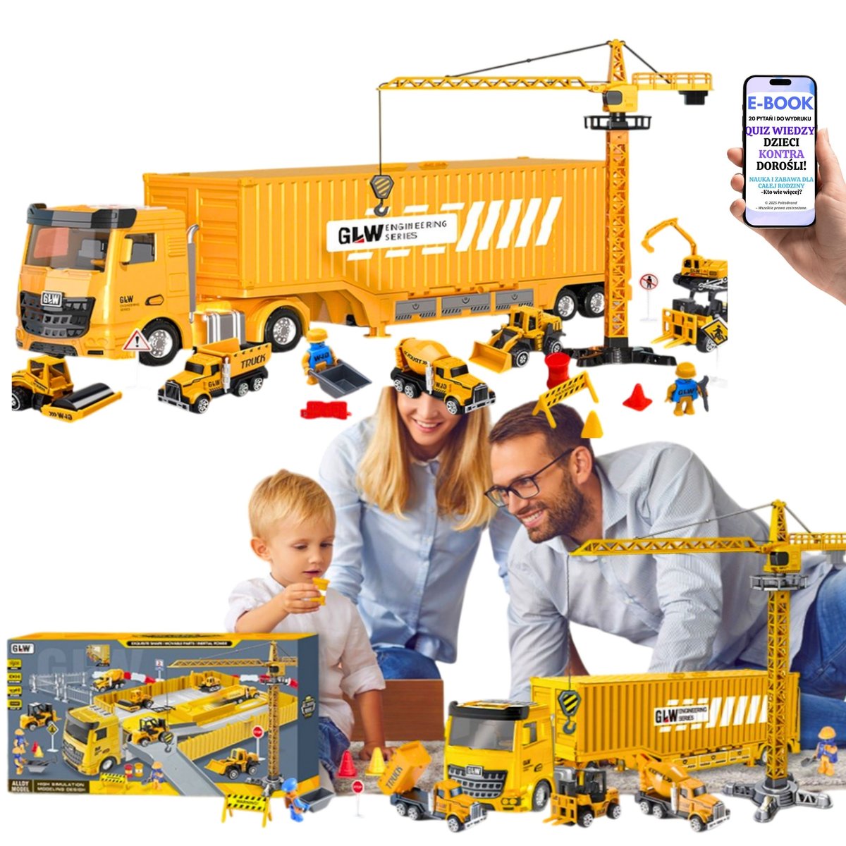 ZABAWKOWY ZESTAW BUDOWLANY DLA DZIECI – 6w1 Ciężarówka, Walec, Spychacz, Dźwig + Akcesoria NA URODZINY I ŚWIĘTA + EBOOK-2