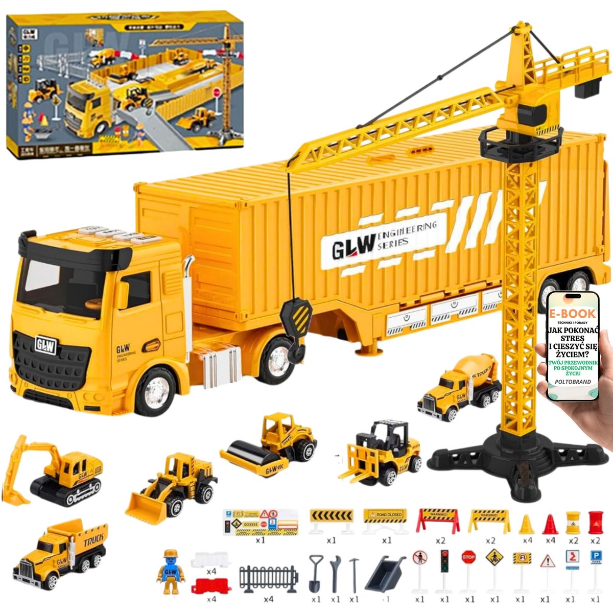 TRANSPORTER Z POJAZDAMI BUDOWLANYMI + DŹWIĘK I ŚWIATŁO – Zabawka dla Dzieci 3-8 LAT Zestaw Edukacyjny z Akcesoriami PREZENT DLA DZIECKA + EBOOK-1