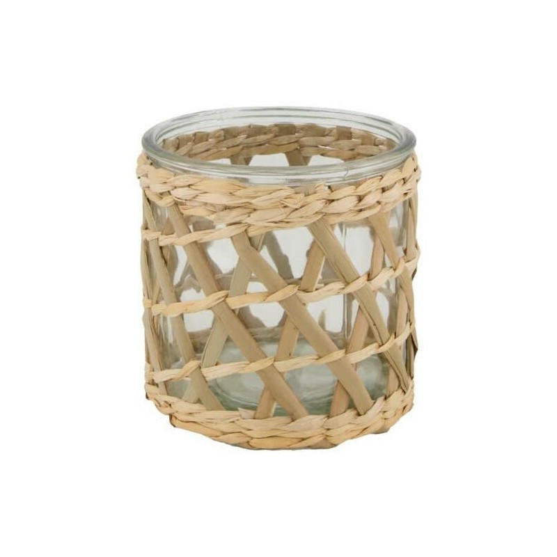 Szklany świecznik na tealight z osłoną z rattanu