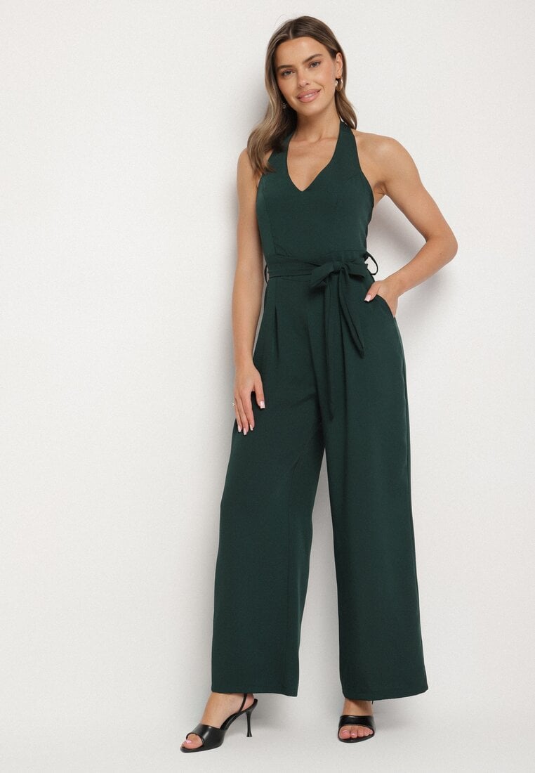 Ciemnozielony Taliowany Kombinezon z Paskiem Wiązaniem i Odkrytymi Plecami Malurea