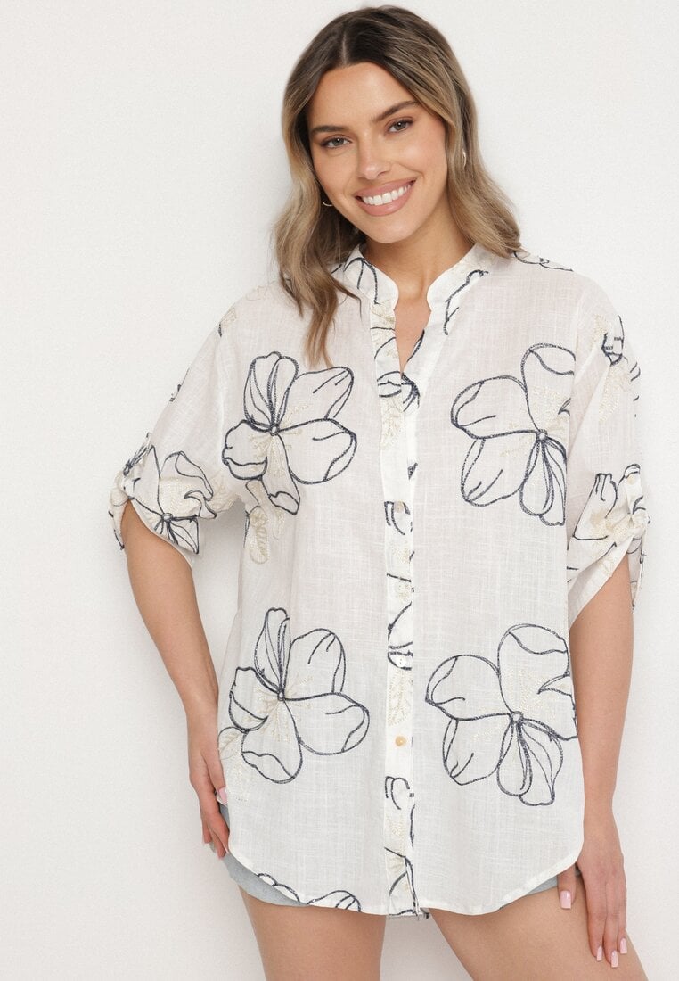 Biało-Granatowa Koszula o Kroju Oversize z Podpinanymi Rękawami Zdobiona Haftem Folirella