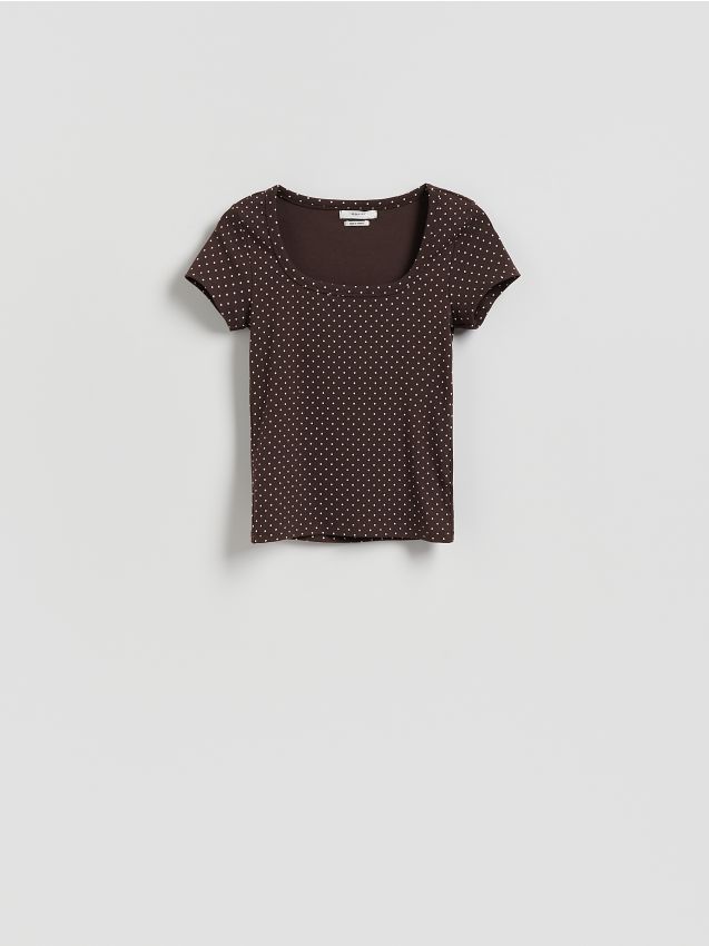Reserved - Bawełniany t-shirt w groszki - ciemnobrązowy