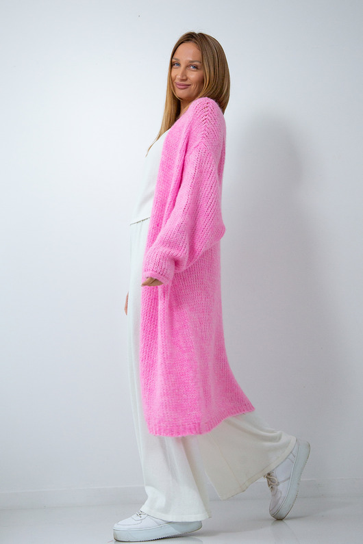 Długi wełniany kardigan F1926 różowy