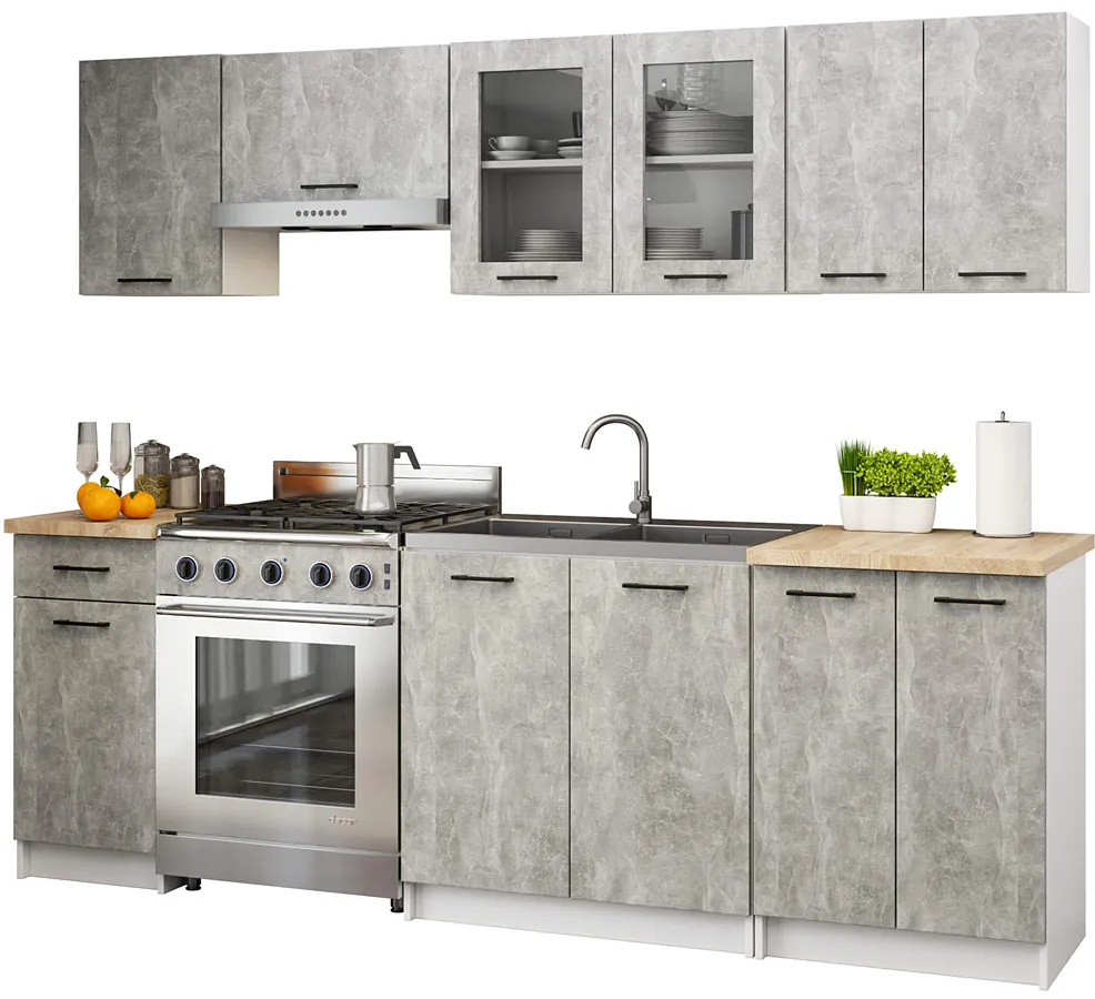 Zestaw mebli kuchennych z witryną beton 240 cm - Poli