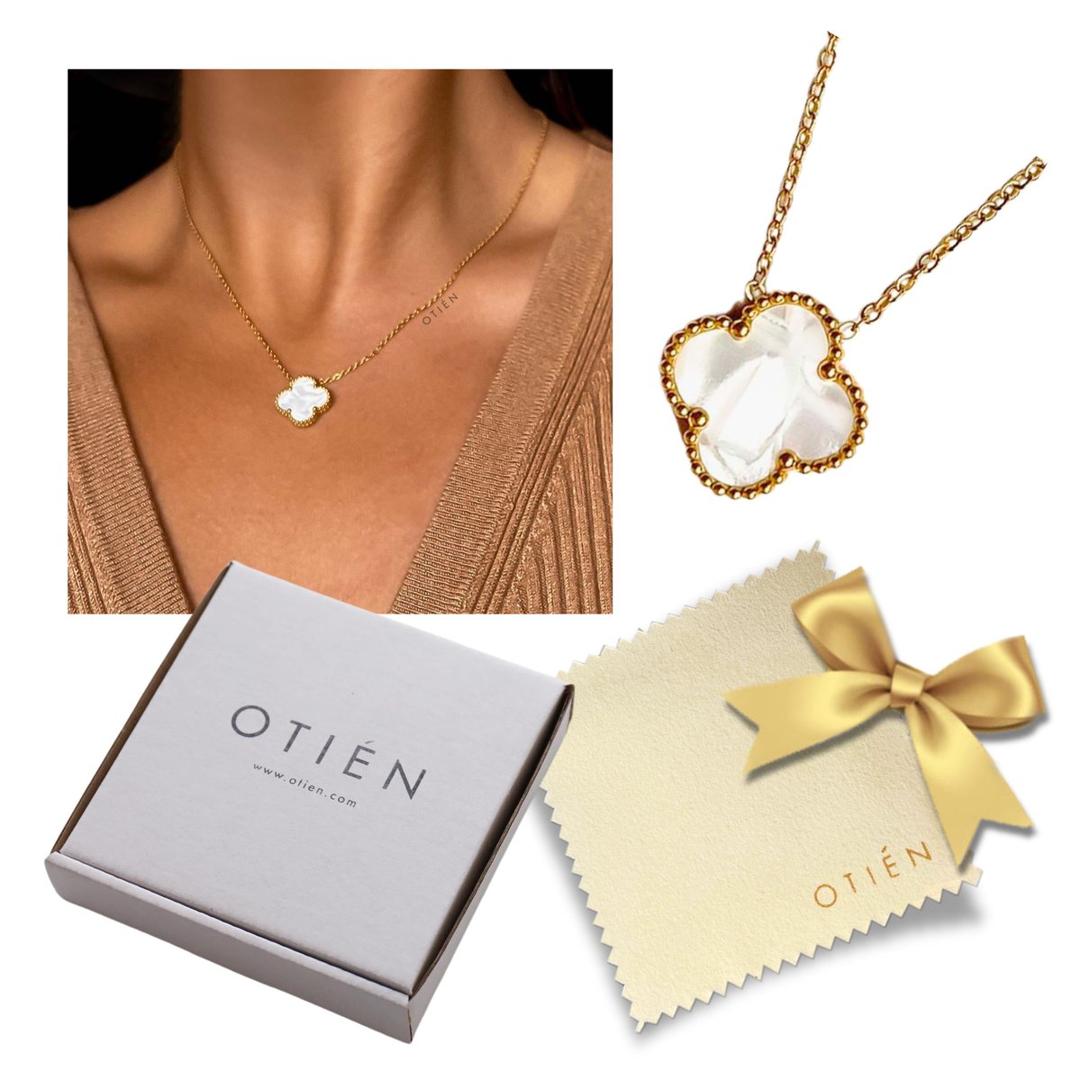 Naszyjnik celebrytka “Perłowa Koniczynka” – stal chirurgiczna, złoty, biały