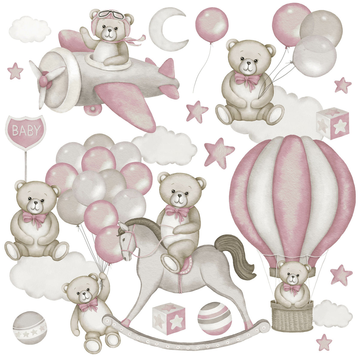 Naklejki Na Ścianę Misie Różowe Balony Koń Na Biegunach Chmury Zestaw 120x60