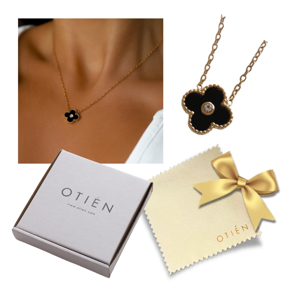 Naszyjnik celebrytka Czarna Koniczynka z Cyrkonią – stal jubilerska, złoty