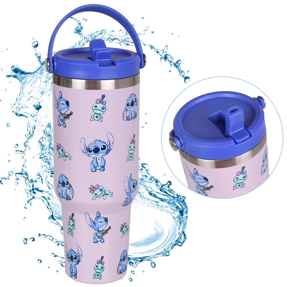 Disney Stitch Duży kubek termiczny z pokrywką i ustnikiem, stal nierdzewna, kubek podróżny z uchwytem 1,18l