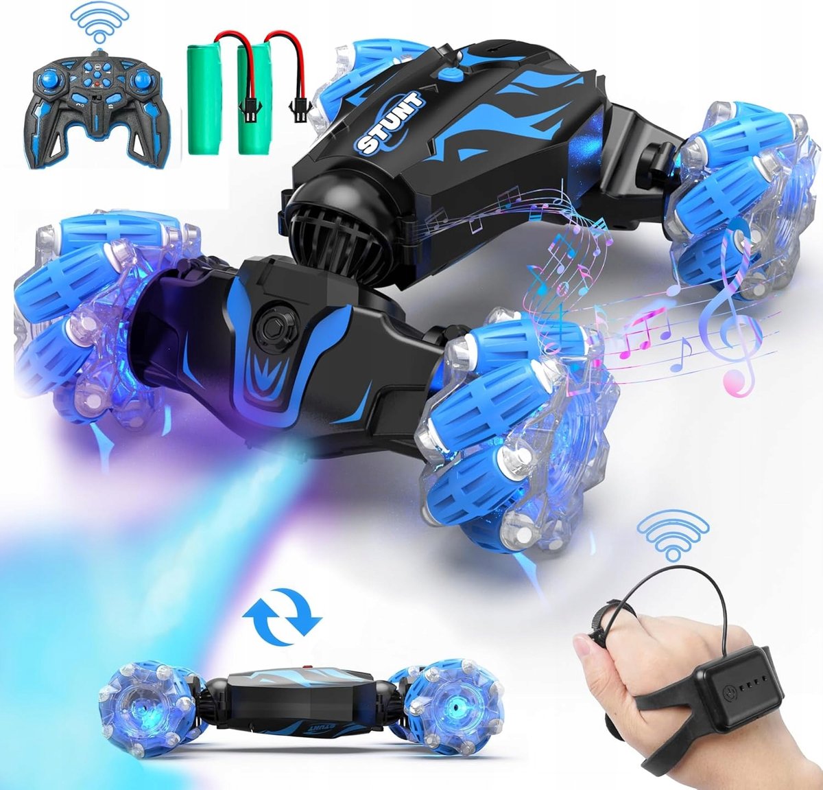 BEZGAR Zdalnie Sterowany Samochód niebieski 4WD 2.4GHz z Muzyką LED prezent